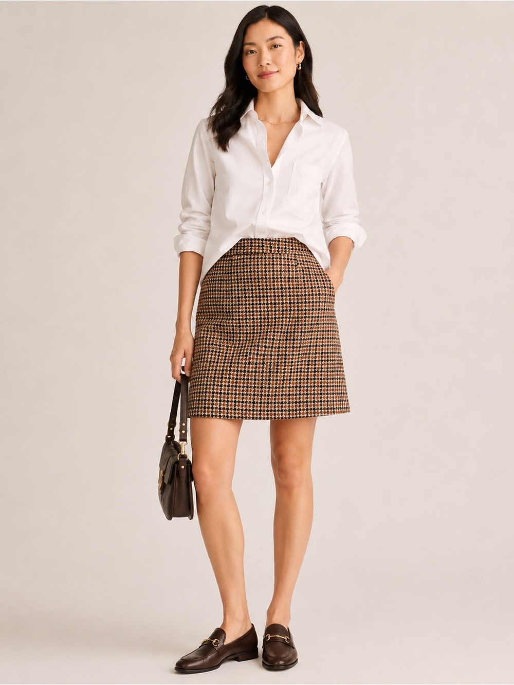 New JCREW SZ 14 Wool Blend Houndstooth A-Line Mini Skirt Brown Plaid